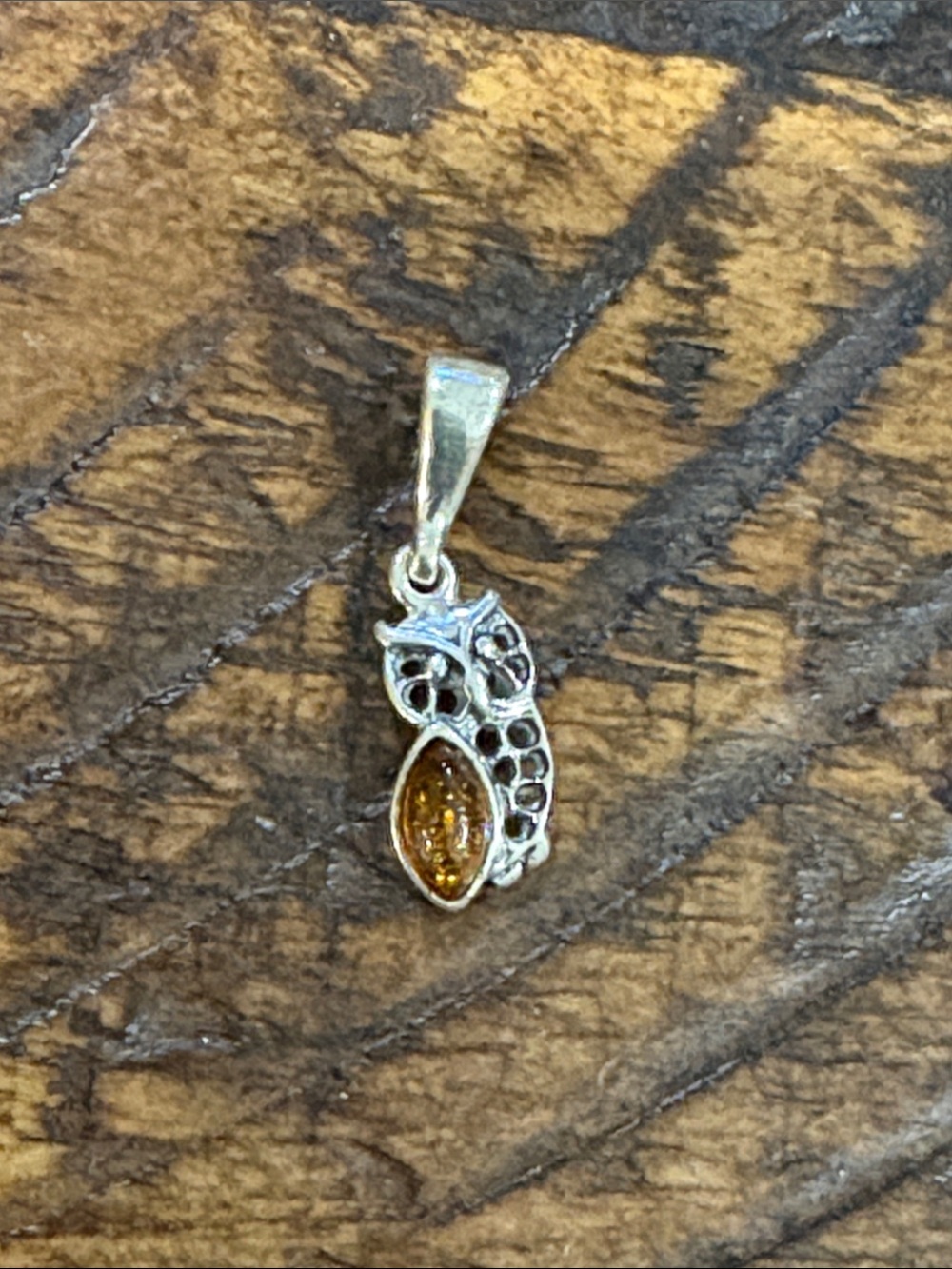 Sterling Silver Owl Pendant with Amber Accent - Silver and Amber